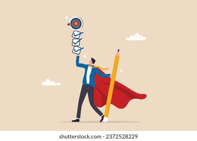 Finish work and achieve goal, responsibility, effort, productivity or efficiency to complete project, challenge to success concept, businessman superhero finish task checklist to achieve work target.