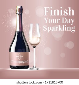 Finish your day sparkling realistic vector product ads poster template. Rose wine bottle 3d mock up design on glitch background. Alcohol advertisement printable flyer, brochure with typography