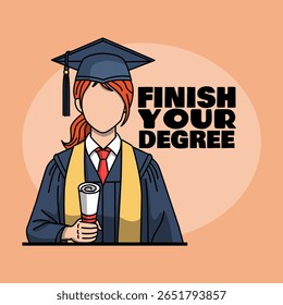 Finish Your Degree Day to celebrate on August 6th. Illustration of a young woman in graduation attire, including a cap, gown, and stole, proudly holding a rolled diploma on beige background.