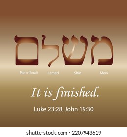 It is finished, Bible verse in Hebrew. Mem Shin Lamed Mem, Aramaic.