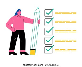 Finished checklist concept. Business woman expert holding pencil tick all completed task checkbox. Flat vector illustration isolated on white background
