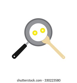 Finished eggs in a frying pan which removed a wooden spatula vector illustration