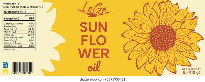 The finished label of sunflower oil on the bottle. Sunflower oil packaging design.