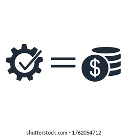 Finished process, equal sign, money. Work performed, remuneration. Vector icon isolated on white background.