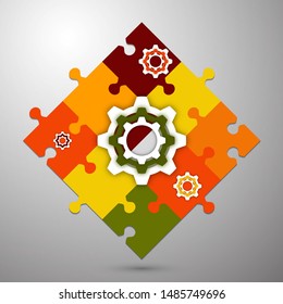 Finished puzzles and gear. The concept of teamwork, cooperation and partnership. Flat design. Vector illustration for your business design.