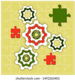 Finished puzzles and gear. The concept of teamwork, cooperation and partnership. Flat design. Vector illustration for your business design.