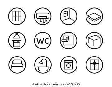 Finishing apartment, home icons set. Line vector sign for renovation, building theme isolated on white for construction, building poster, scheme, advertising flyers. 