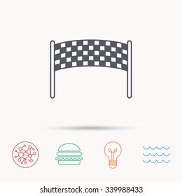 Finishing checkpoint icon. Marathon banner sign. Global connect network, ocean wave and burger icons. Lightbulb lamp symbol.