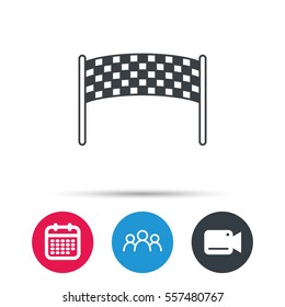 Finishing checkpoint icon. Marathon banner sign. Group of people, video cam and calendar icons. Vector