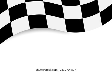 Finishing flag with shadow on white background. Black and white checkered wavy race flag. Vector 10 Eps.