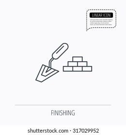 Finishing icon. Spatula with bricks sign. Linear outline icon. Speech bubble of dotted line. Vector