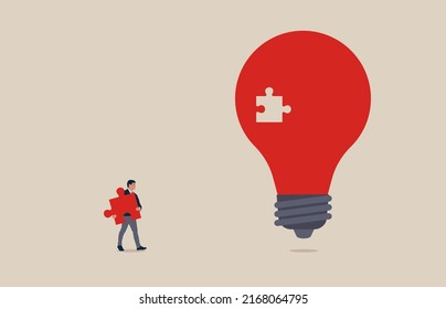 Finishing lightbulb with jigsaw puzzle. Business creativity. Symbol of inspiration, creative thinking. Vector illustration concept.