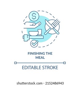 Finishing meal turquoise concept icon. Place cutlery properly. Restaurant etiquette abstract idea thin line illustration. Isolated outline drawing. Editable stroke. Arial, Myriad Pro-Bold fonts used
