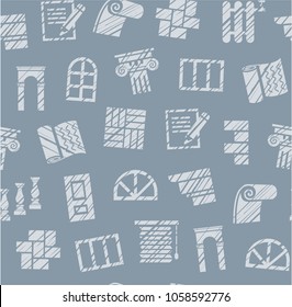Finishing of premises and buildings. Color, flat background. Hatching with a gray pencil on a gray-blue field. Imitation. 