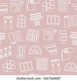 Finishing of premises and buildings. Plain, flat background. Linear white pattern on a pink field. 