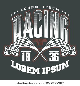 Finishing Racing Flags. Finish checkered flags illustration and typography. Motorsport competition apparel print 