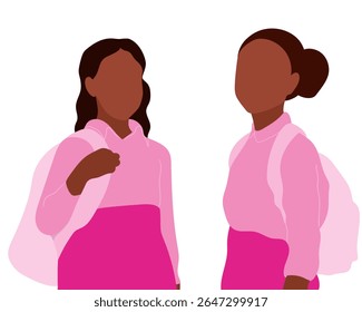 Finalizando escola sem rosto para estudantes mulheres personagens vestindo uniforme rosa e mochilas. Design de vetor de estilo plano de volta à escola

