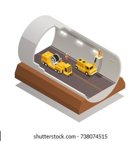 Finishing tunnel construction for highway isometric composition white background 3d vector illustration