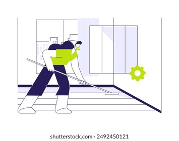 Finishing wooden floor abstract concept vector illustration. Contractor applies wooden floor finish, private house building, rough interior works, parquet installation abstract metaphor.