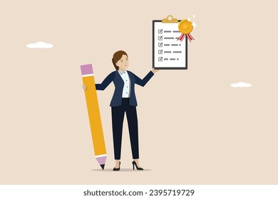 Finishing work, completing business tasks, completing checklist, business data checking concept, smart businesswoman completing all work.