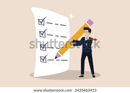 Finishing work, completing checklist, business data checking concept, smart businessman checking all work list.