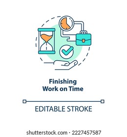 Finishing work on time concept icon. Strict job schedule. Remote workplace abstract idea thin line illustration. Isolated outline drawing. Editable stroke. Arial, Myriad Pro-Bold fonts used
