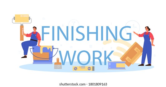 Finishing work typographic header. People in the uniform plastering wall with spatula. House rennovation. Person on the work. Isolated flat vector illustration
