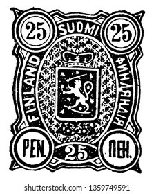 Finland 25 Pen Stamp In 1890 Issue Of Three Finnish First Class Stamps Drawn By And Celebrating The Work Of Finnish Artist Tom Of Finland, Vintage Line Drawing Or Engraving Illustration.