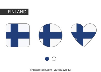 Finlandia 3 formas (cuadrado, círculo, corazón) con bandera de la ciudad. Aislado sobre fondo blanco.