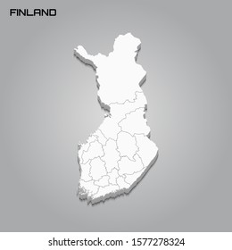 Finland 3d map with borders of regions. Vector illustration
