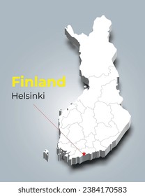 Finnland 3d Karte mit den Grenzen der Regionen und der Hauptstadt