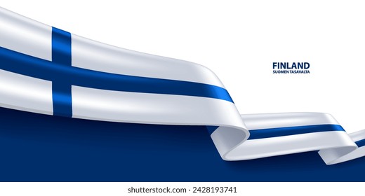 Finland 3D ribbon flag. Bent waving 3D flag in colors of the Finland national flag. National flag background design.