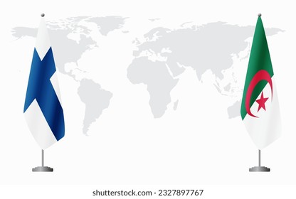 Finland and Algeria flags for official meeting against background of world map.