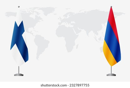 Finland and Armenia flags for official meeting against background of world map.
