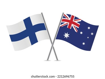 Finlandia y Australia cruzaron la bandera. Banderas finlandesas y australianas sobre fondo blanco. Conjunto de iconos del vector. Ilustración vectorial.