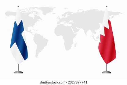 Finland and Bahrain flags for official meeting against background of world map.