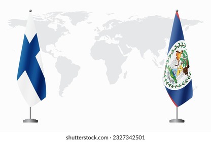 Finland and Belize flags for official meeting against background of world map.