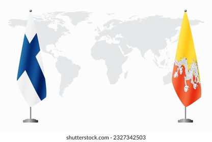 Finland and Bhutan flags for official meeting against background of world map.