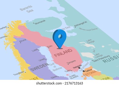 Finlandia con marcador de posición azul en el mapa de europa, cerrar Finlandia, mapa colorido con icono de ubicación, idea de viaje, concepto de vacaciones y viaje por carretera, destino fijado, vista superior