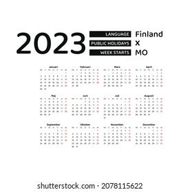 Finland calendar 2023. Week starts from Monday. Vector graphic design. Swedish language.