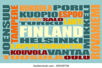 Finland cities list in words cloud. Multi color words on blue background.