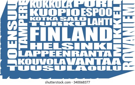 Finland cities list in words cloud. white color words on blue background. Long shadow