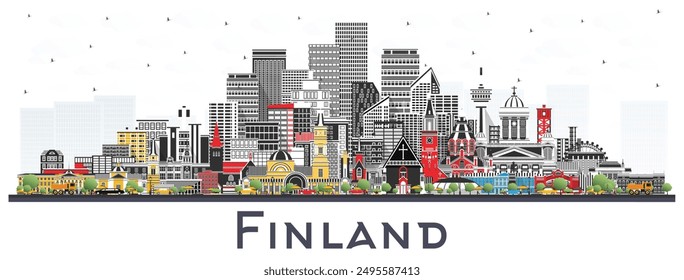 Finland city skyline with color buildings isolated on white. Vector illustration. Concept with historic and modern architecture. Finland cityscape with landmarks. Helsinki. Espoo. Vantaa. Oulu. Turku.