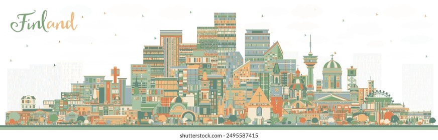 Horizonte de la ciudad de Finlandia con edificios de color. Ilustración vectorial. Concepto con arquitectura histórica y moderna. Paisaje urbano de Finlandia con Lugares famosos. Helsinki. Espoo. Vantaa. A Oulu. Turku.