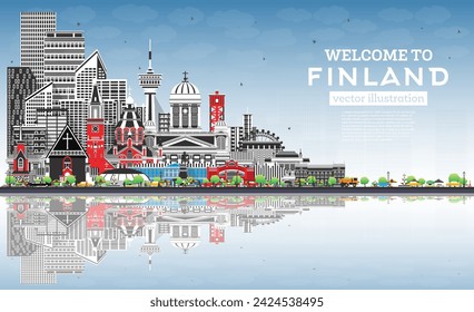 Finland city skyline with gray buildings, blue sky and reflections. Vector illustration. Concept with historic and modern architecture. Finland  cityscape with landmarks. Helsinki. Espoo. Vantaa.
