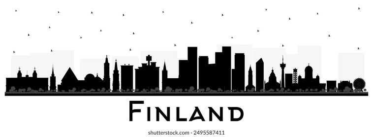 Silueta del horizonte de la ciudad de Finlandia con edificios negros aislados en blanco. Ilustración vectorial. Concepto con arquitectura histórica. Paisaje urbano de Finlandia con Lugares famosos. Helsinki. Espoo. Vantaa. A Oulu. Turku.