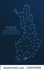 Finland communication network map. Vector low poly image of a global map with lights in the form of cities in or population density consisting of points and shapes in the form of stars and space.