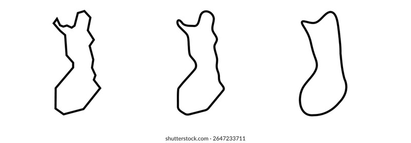 Finlândia país silhuetas contorno preto em três diferentes níveis de suavidade. Mapas simplificados. Ícones de vetor isolados no plano de fundo branco.