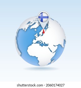 Finland - country map and flag located on globe, world map. 3D Vector illustration