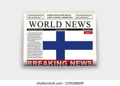 Finland country newspaper with flag, breaking news on newsletter, Finland news concept, gazette page with headline, journal with country flag, reading newspaper, streamer headline